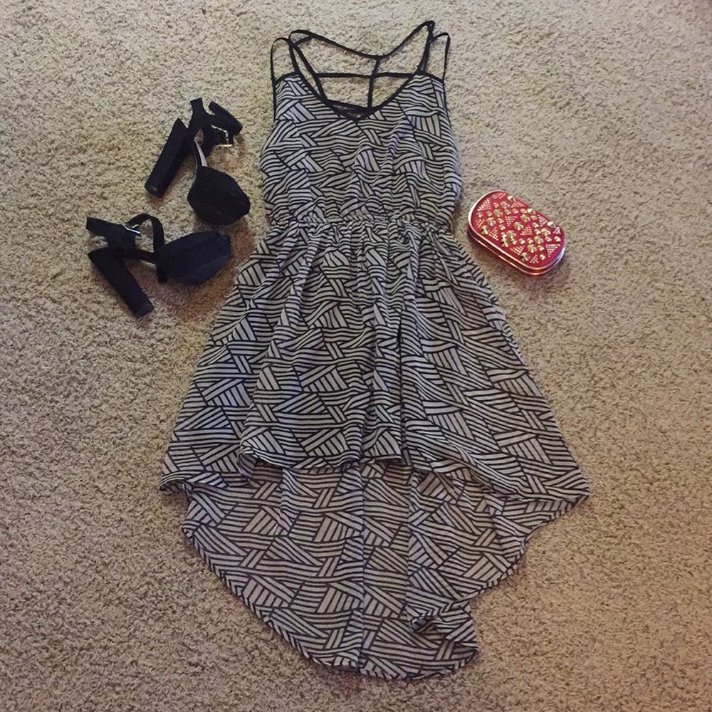 Tan and black geometrical hi-low dress